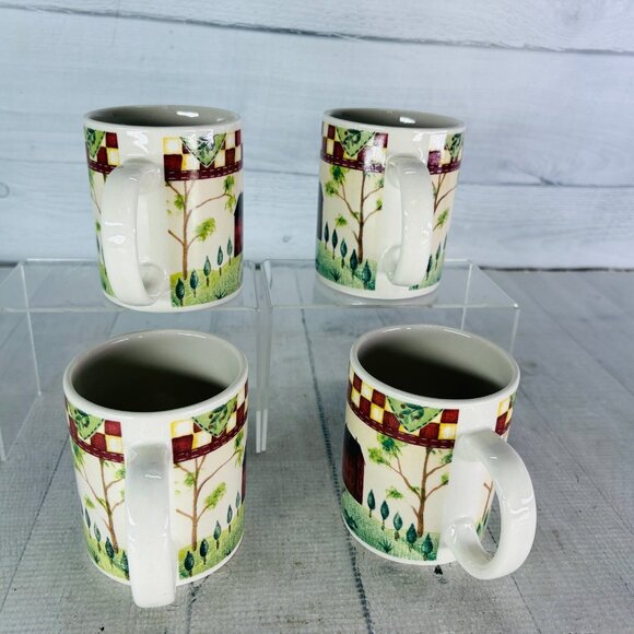 Thomson Pottery COUNTRY HOME Red White Check Farmhouse Tree 10 oz Cup Mugs Set 4 - Picture 5 of 15